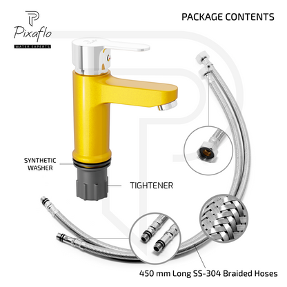 Pixaflo Fission Brass Single Lever Basin Mixer Tap with 18 inches Braided Hoses | Hot & Cold Deck Mounted Faucet | Gold Finish