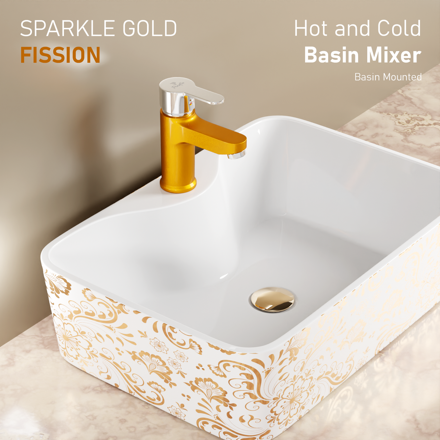 Pixaflo Fission Brass Single Lever Basin Mixer Tap with 18 inches Braided Hoses | Hot & Cold Deck Mounted Faucet | Gold Finish
