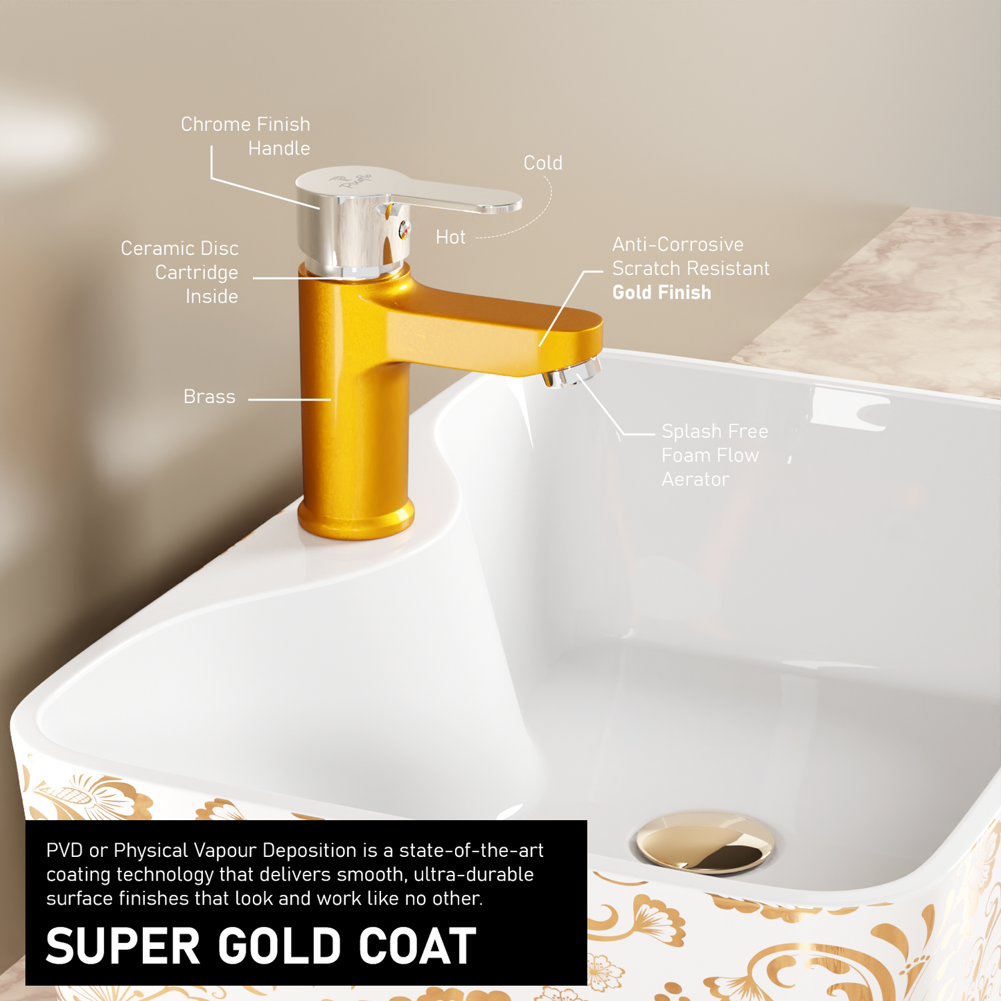 Pixaflo Fission Brass Single Lever Basin Mixer Tap with 18 inches Braided Hoses | Hot & Cold Deck Mounted Faucet | Gold Finish