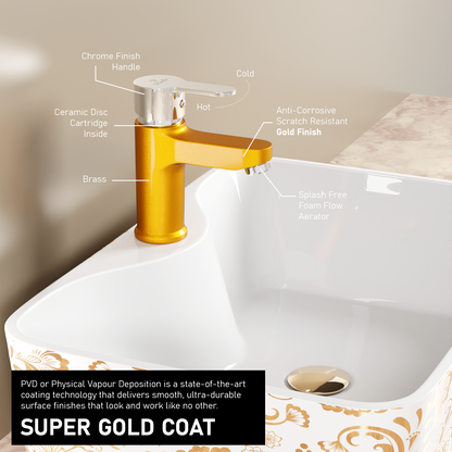 Pixaflo Fission Brass Single Lever Basin Mixer Tap with 18 inches Braided Hoses | Hot & Cold Deck Mounted Faucet | Gold Finish