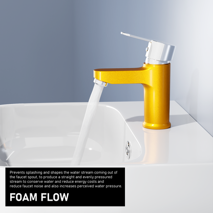 Pixaflo Fission Brass Single Lever Basin Mixer Tap with 18 inches Braided Hoses | Hot & Cold Deck Mounted Faucet | Gold Finish