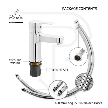 Pixaflo Fission Brass Single Lever Basin Mixer Tap with 24 inches Braided Hoses | Hot & Cold Deck Mounted Faucet | Chrome Finish