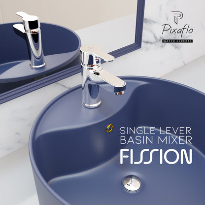 Pixaflo Fission Brass Single Lever Basin Mixer Tap with 24 inches Braided Hoses | Hot & Cold Deck Mounted Faucet | Chrome Finish