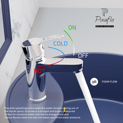 Pixaflo Fission Brass Single Lever Basin Mixer Tap with 24 inches Braided Hoses | Hot & Cold Deck Mounted Faucet | Chrome Finish