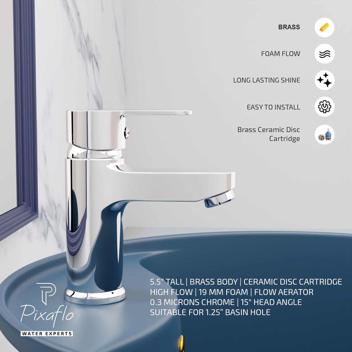 Pixaflo Fission Brass Single Lever Basin Mixer Tap with 24 inches Braided Hoses | Hot & Cold Deck Mounted Faucet | Chrome Finish