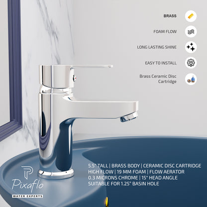Pixaflo Fission Brass Single Lever Basin Mixer Tap with 24 inches Braided Hoses | Hot & Cold Deck Mounted Faucet | Chrome Finish