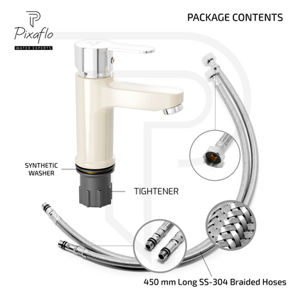 Pixaflo Fission Brass Single Lever Basin Mixer Tap with 18 inches Braided Hoses | Hot & Cold Deck Mounted Faucet | Ivory Finish