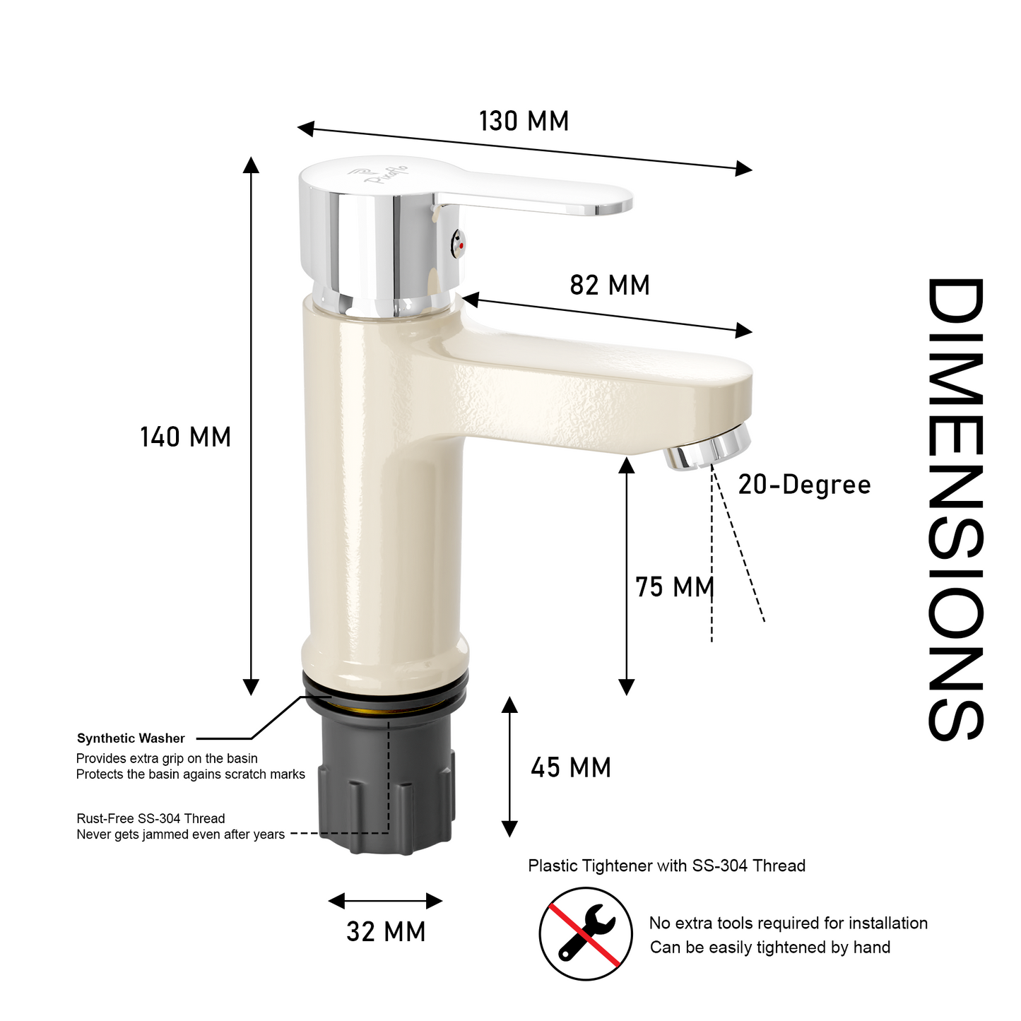 Pixaflo Fission Brass Single Lever Basin Mixer Tap with 18 inches Braided Hoses | Hot & Cold Deck Mounted Faucet | Ivory Finish