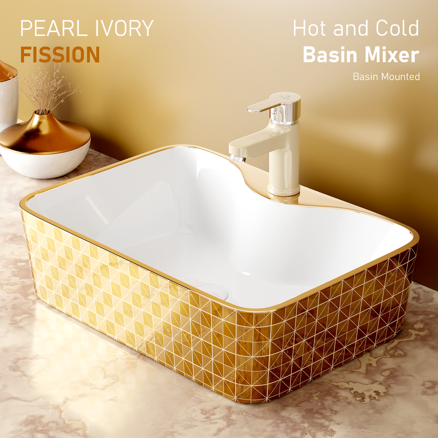 Pixaflo Fission Brass Single Lever Basin Mixer Tap with 18 inches Braided Hoses | Hot & Cold Deck Mounted Faucet | Ivory Finish
