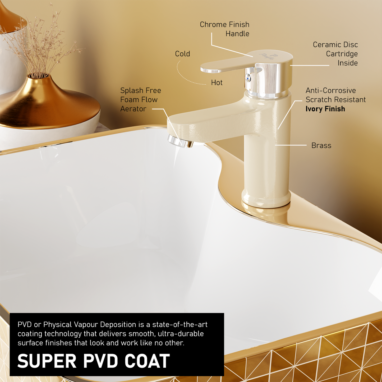 Pixaflo Fission Brass Single Lever Basin Mixer Tap with 18 inches Braided Hoses | Hot & Cold Deck Mounted Faucet | Ivory Finish