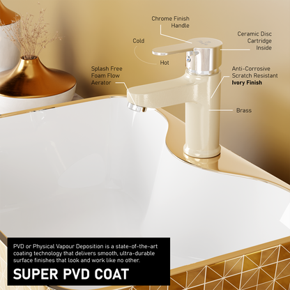 Pixaflo Fission Brass Single Lever Basin Mixer Tap with 18 inches Braided Hoses | Hot & Cold Deck Mounted Faucet | Ivory Finish