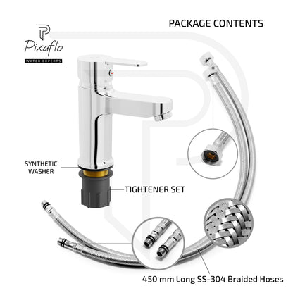Pixaflo Fission Brass Chrome Finish Hot & Cold Single Lever Basin Mixer Tap Faucet with 450 mm Long Braided Hoses (Chrome)