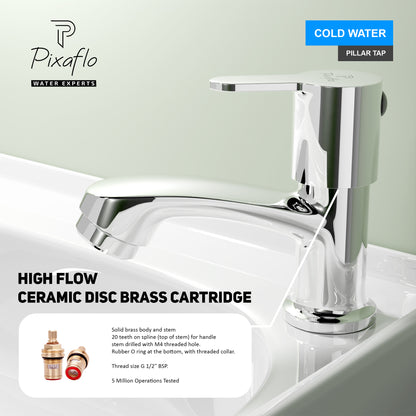 Pixaflo Fission Brass Pillar Tap for Wash Basin | Pillar Cock | Quarter-Turn | Ceramic Disc Cartridge | Foam Flow | Chrome Finish