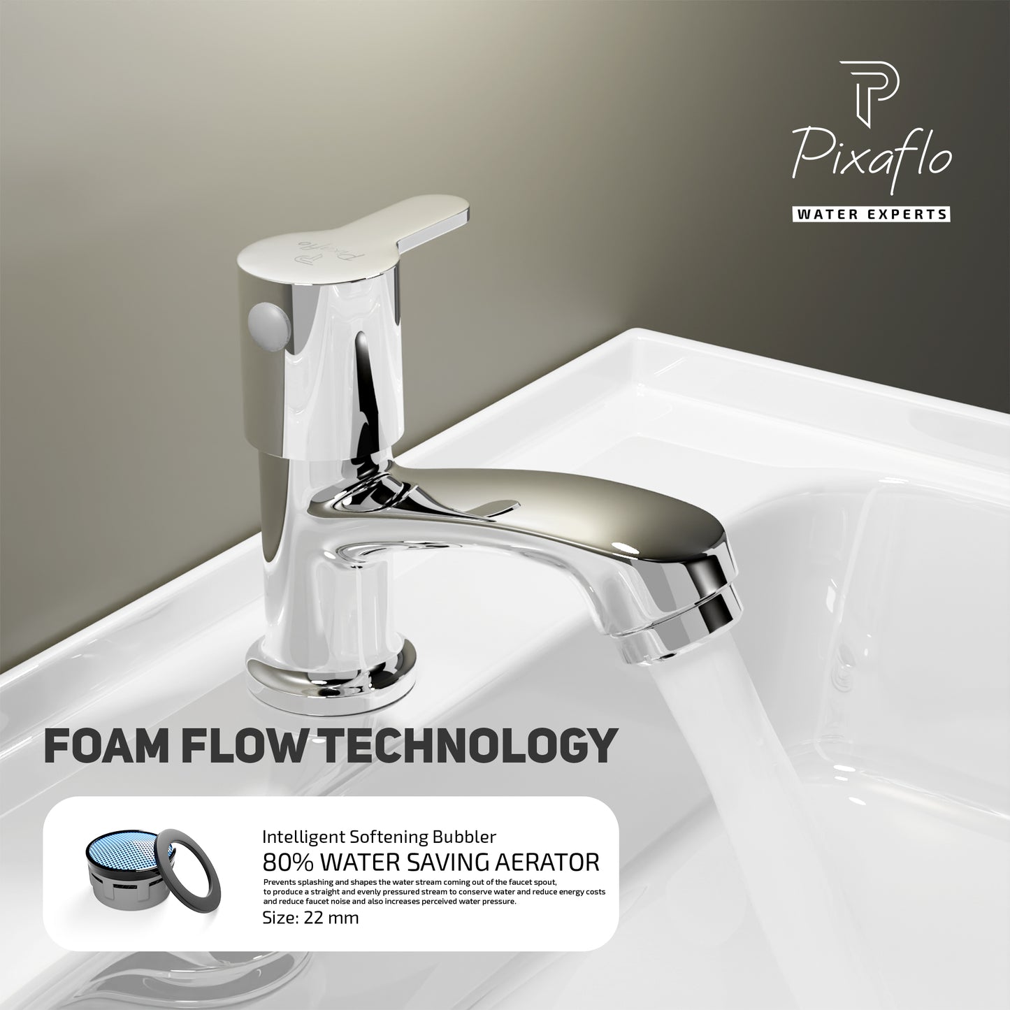 Pixaflo Fission Brass Pillar Tap for Wash Basin | Pillar Cock | Quarter-Turn | Ceramic Disc Cartridge | Foam Flow | Chrome Finish