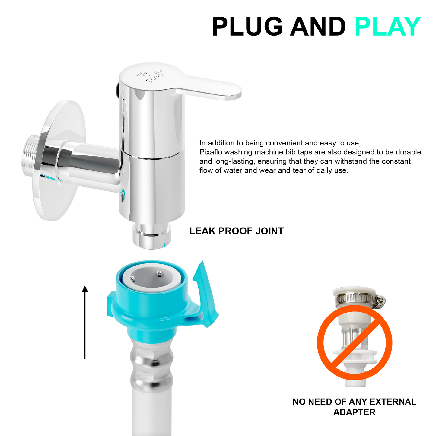 Pixaflo Fission Brass Washing Machine Tap with Wall Flange | Chrome Finish