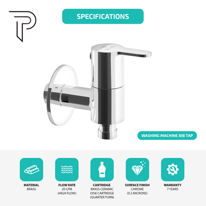 Pixaflo Fission Brass Washing Machine Tap with Wall Flange | Chrome Finish