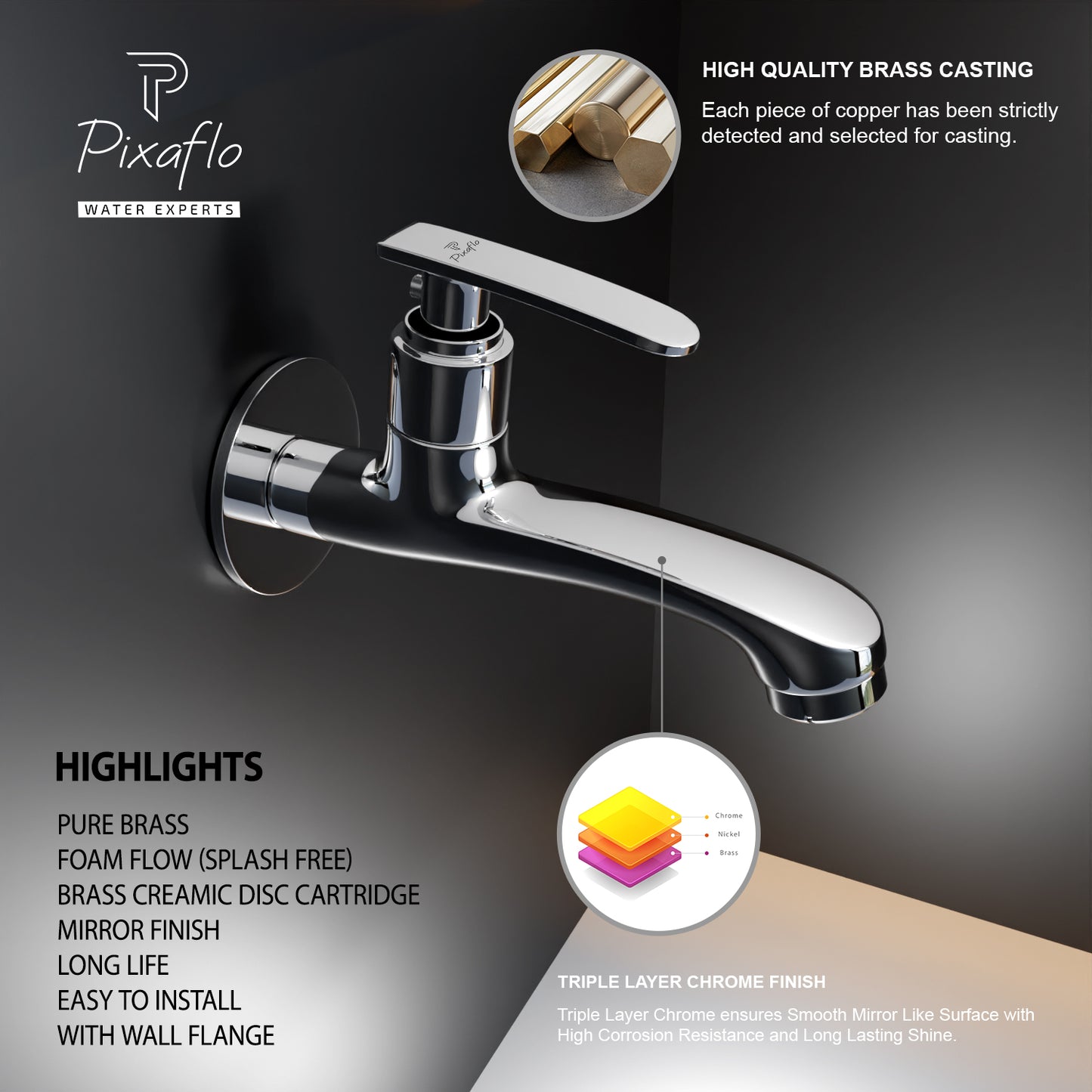 Pixaflo Moonstone Brass Long Body Bib Cock Tap with Wall Flange Combo | Chrome | Pack of 2