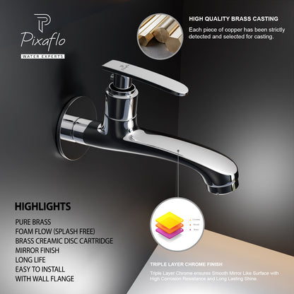 Pixaflo Moonstone Brass Long Body Bib Cock Tap with Wall Flange Combo | Chrome | Pack of 2