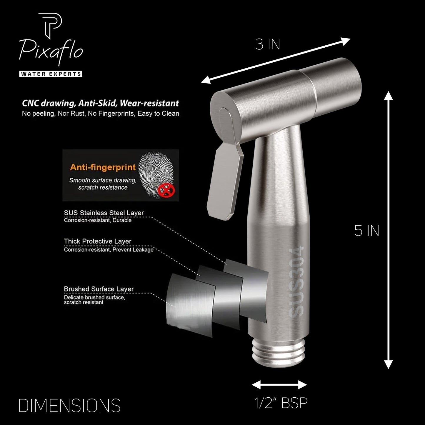 Pixaflo Stainless Steel Heavy Duty Health Faucet Gun with Hook | Brushed Finish | Combo | Pack of 2