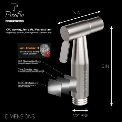 Pixaflo Stainless Steel Heavy Duty Health Faucet Gun with Hook | Brushed Finish | Combo | Pack of 2