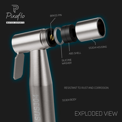 Pixaflo Stainless Steel Heavy Duty Health Faucet Gun with Hook | Brushed Finish | Combo | Pack of 2