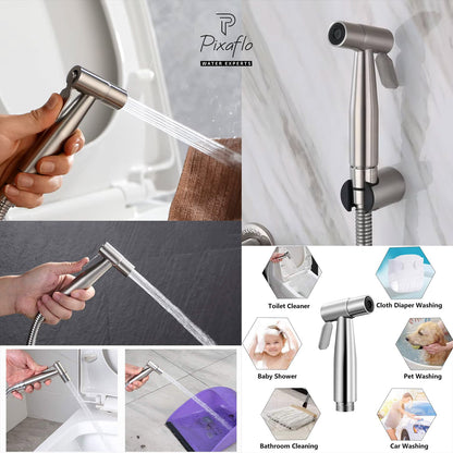 Pixaflo Stainless Steel Heavy Duty Health Faucet Gun with Hook | Brushed Finish | Combo | Pack of 2