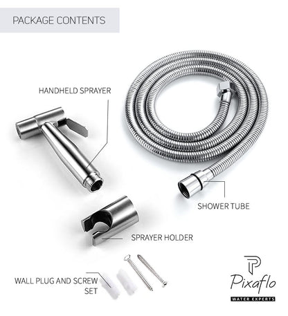 Pixaflo Stainless Steel Heavy Duty Health Faucet Set for Bathroom with 1.5 Meter Flexible Shower Hose and Wall Hook | Brushed Finish | Jet Spray for Toilet