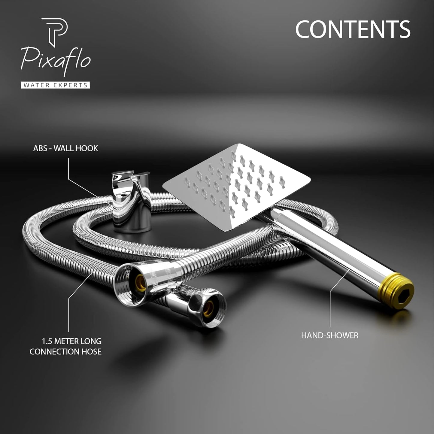 Pixaflo CRX304 Stainless Steel Hand Shower With 1.5 Meter Shower Hose Pipe & Wall Hook