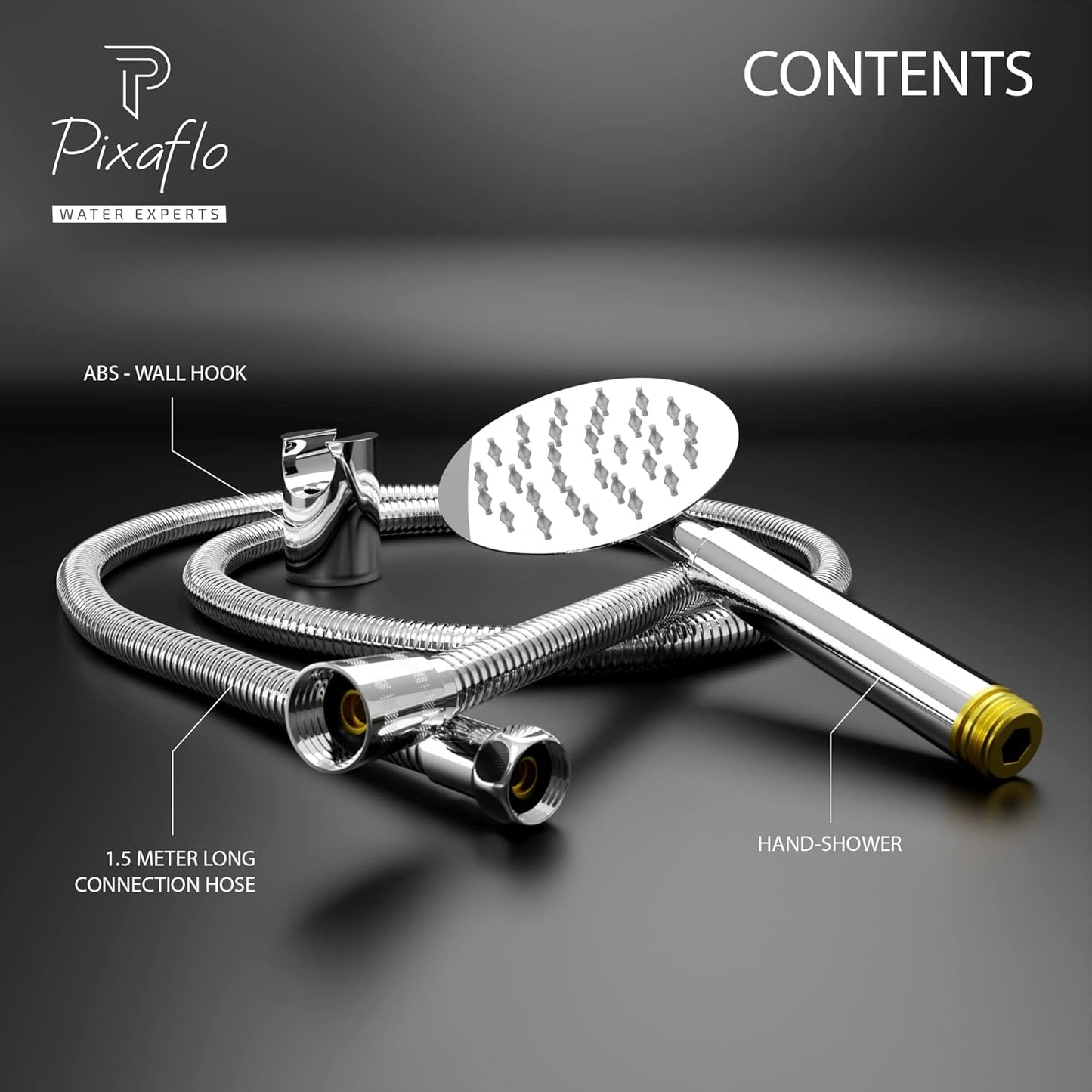 Pixaflo FLO304 Stainless Steel Hand Shower With 1.5 Meter Shower Hose Pipe & Wall Hook