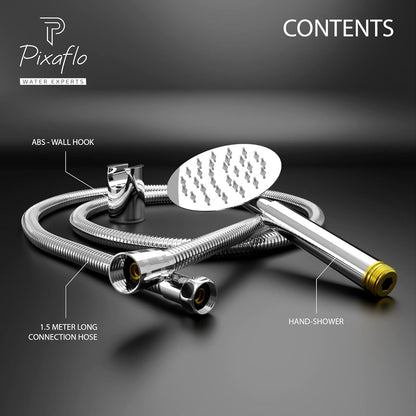 Pixaflo FLO304 Stainless Steel Hand Shower With 1.5 Meter Shower Hose Pipe & Wall Hook
