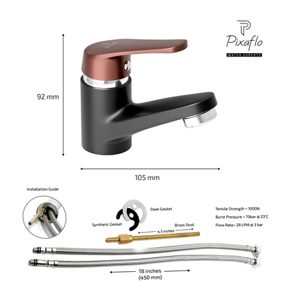 Pixaflo Infix Brass Single Lever Basin Mixer Tap with 18 inches Braided Hoses | Hot & Cold Deck Mounted Faucet | Black-Chocolate Finish