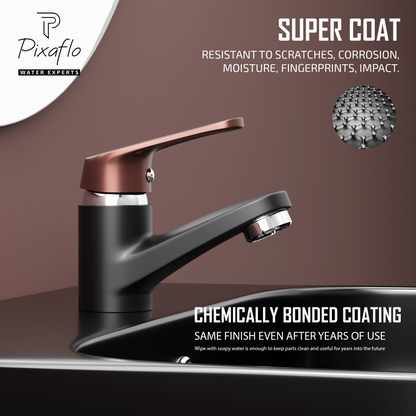 Pixaflo Infix Brass Single Lever Basin Mixer Tap with 18 inches Braided Hoses | Hot & Cold Deck Mounted Faucet | Black-Chocolate Finish