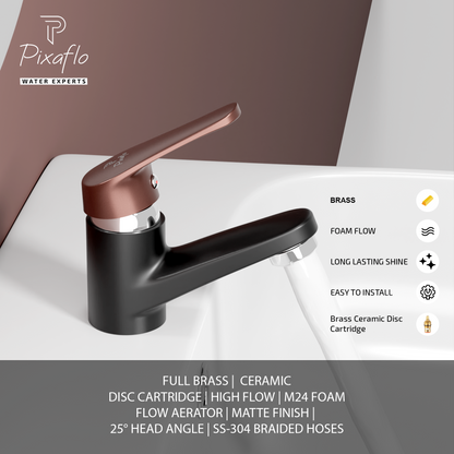 Pixaflo Infix Brass Single Lever Basin Mixer Tap with 18 inches Braided Hoses | Hot & Cold Deck Mounted Faucet | Black-Chocolate Finish