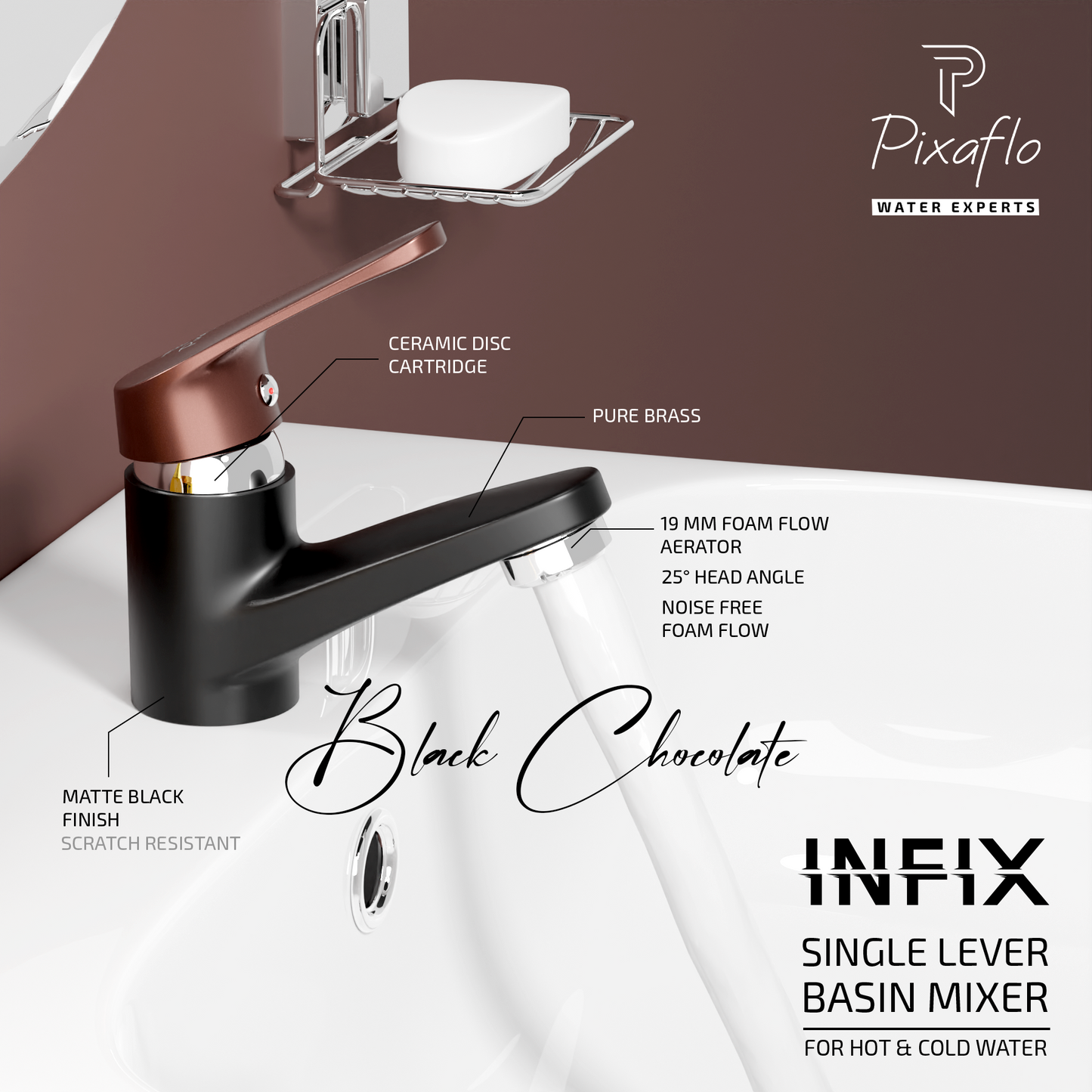 Pixaflo Infix Brass Single Lever Basin Mixer Tap with 18 inches Braided Hoses | Hot & Cold Deck Mounted Faucet | Black-Chocolate Finish
