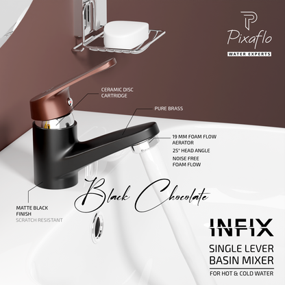 Pixaflo Infix Brass Single Lever Basin Mixer Tap with 18 inches Braided Hoses | Hot & Cold Deck Mounted Faucet | Black-Chocolate Finish