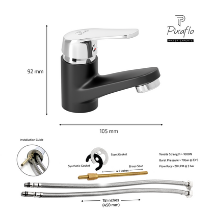 Pixaflo Infix Brass Single Lever Basin Mixer Tap with 18 inches Braided Hoses | Hot & Cold Deck Mounted Faucet | Black Finish