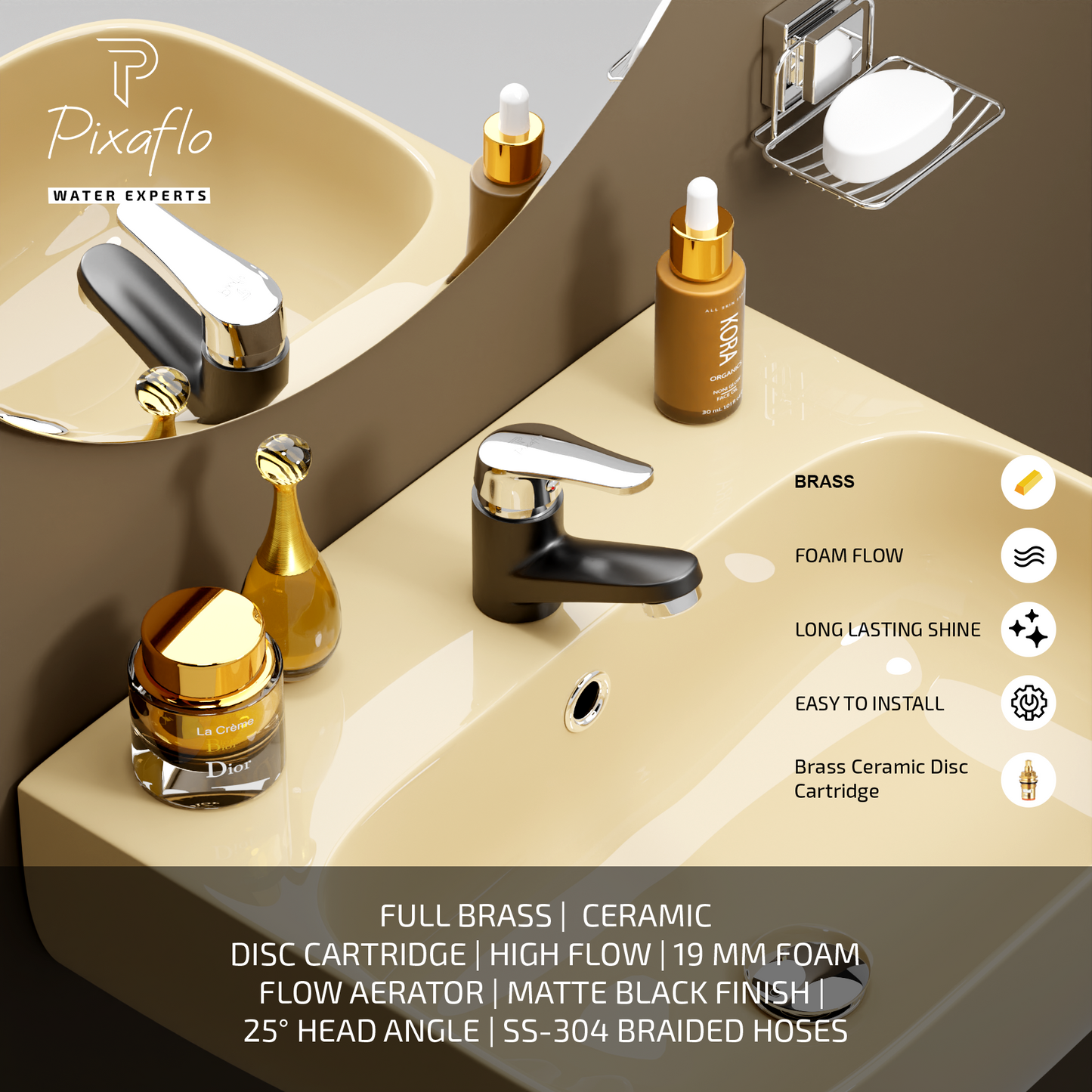Pixaflo Infix Brass Single Lever Basin Mixer Tap with 18 inches Braided Hoses | Hot & Cold Deck Mounted Faucet | Black Finish
