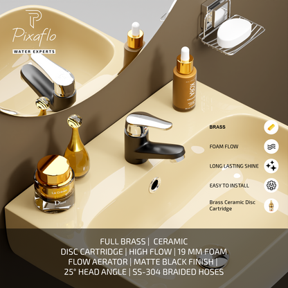 Pixaflo Infix Brass Single Lever Basin Mixer Tap with 18 inches Braided Hoses | Hot & Cold Deck Mounted Faucet | Black Finish