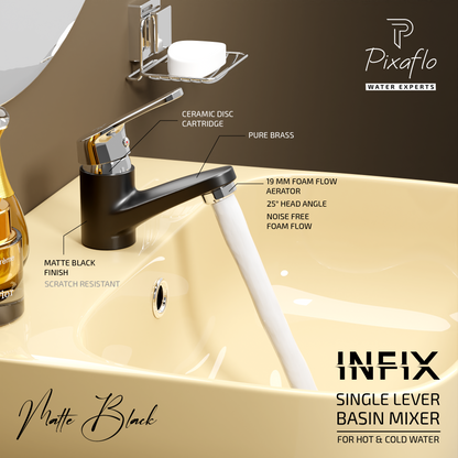 Pixaflo Infix Brass Single Lever Basin Mixer Tap with 18 inches Braided Hoses | Hot & Cold Deck Mounted Faucet | Black Finish