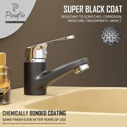 Pixaflo Infix Brass Single Lever Basin Mixer Tap with 18 inches Braided Hoses | Hot & Cold Deck Mounted Faucet | Black Finish