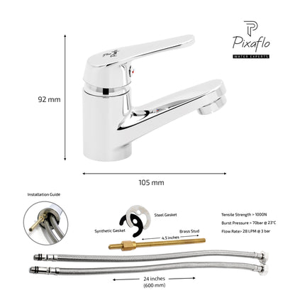 Pixaflo Infix Brass Single Lever Basin Mixer Tap with 24 inches Braided Hoses | Hot & Cold Deck Mounted Faucet | Chrome Finish
