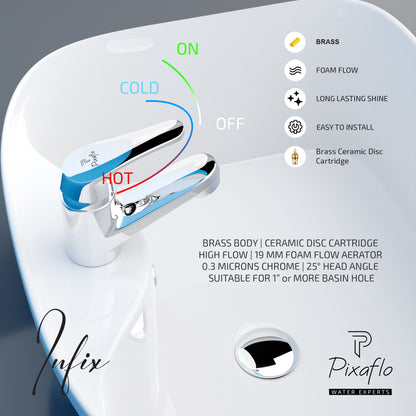 Pixaflo Infix Brass Single Lever Basin Mixer Tap with 24 inches Braided Hoses | Hot & Cold Deck Mounted Faucet | Chrome Finish