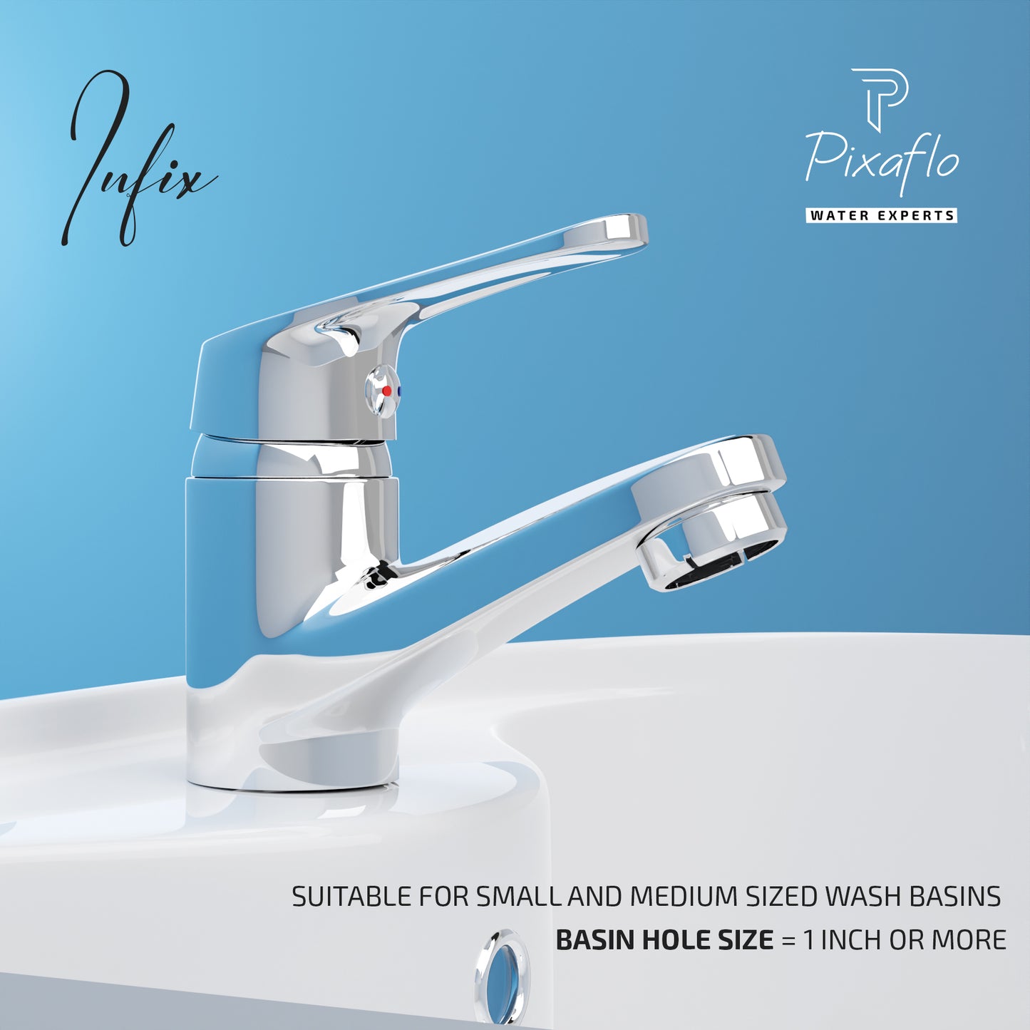 Pixaflo Infix Brass Single Lever Basin Mixer Tap with 24 inches Braided Hoses | Hot & Cold Deck Mounted Faucet | Chrome Finish