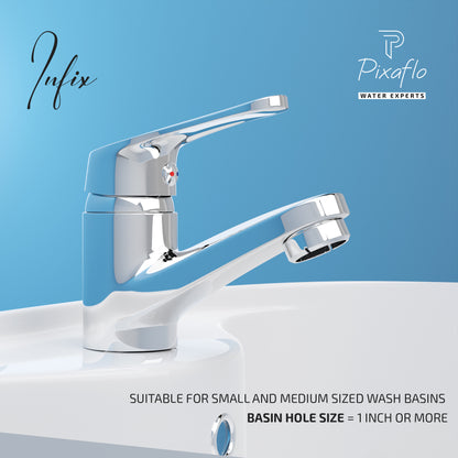 Pixaflo Infix Brass Single Lever Basin Mixer Tap with 24 inches Braided Hoses | Hot & Cold Deck Mounted Faucet | Chrome Finish