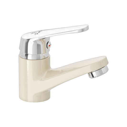 Pixaflo Infix Brass Single Lever Basin Mixer Tap with 18 inches Braided Hoses | Hot & Cold Deck Mounted Faucet | Ivory Finish