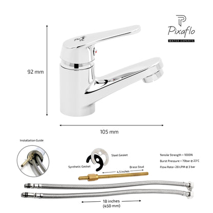 Pixaflo Infix Brass Single Lever Basin Mixer Tap with 18 inches Braided Hoses | Hot & Cold Deck Mounted Faucet | Chrome Finish