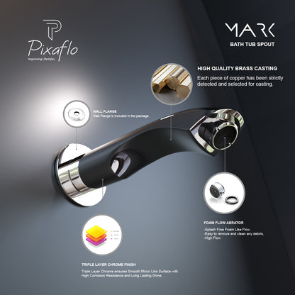Pixaflo Mark Brass Bath Tub Spout with Wall Flange | High Flow | Chrome