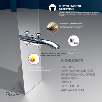 Pixaflo Mark Brass Bath Tub Diverter Spout with Wall Flange | Tip-Ton | Chrome Finish