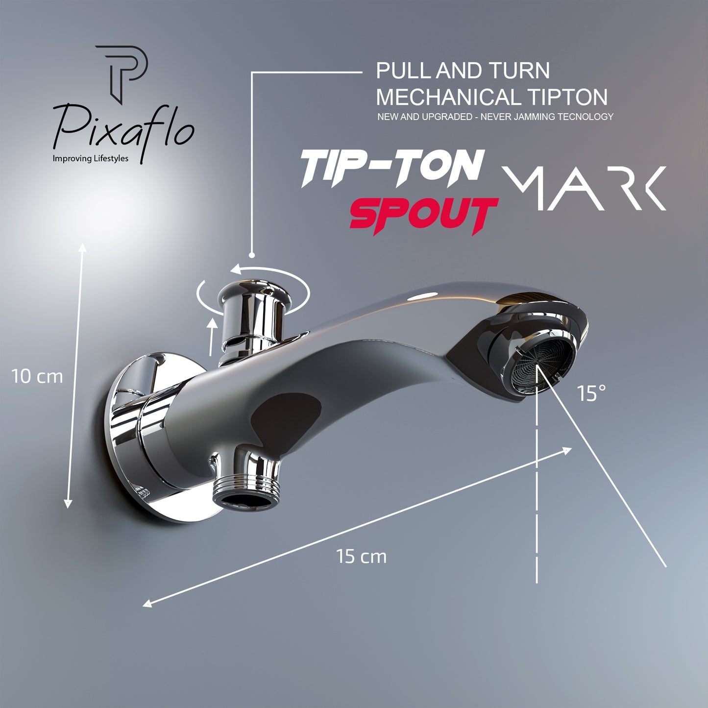Pixaflo Mark Brass Bath Tub Diverter Spout with Wall Flange | Tip-Ton | Chrome Finish