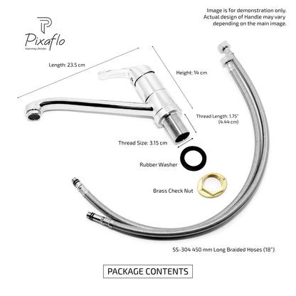 Pixaflo Infix Brass Single Lever Sink Mixer Table Mounted with Swivel Spout and 18 inches Long Braided Hoses | Chrome Finish